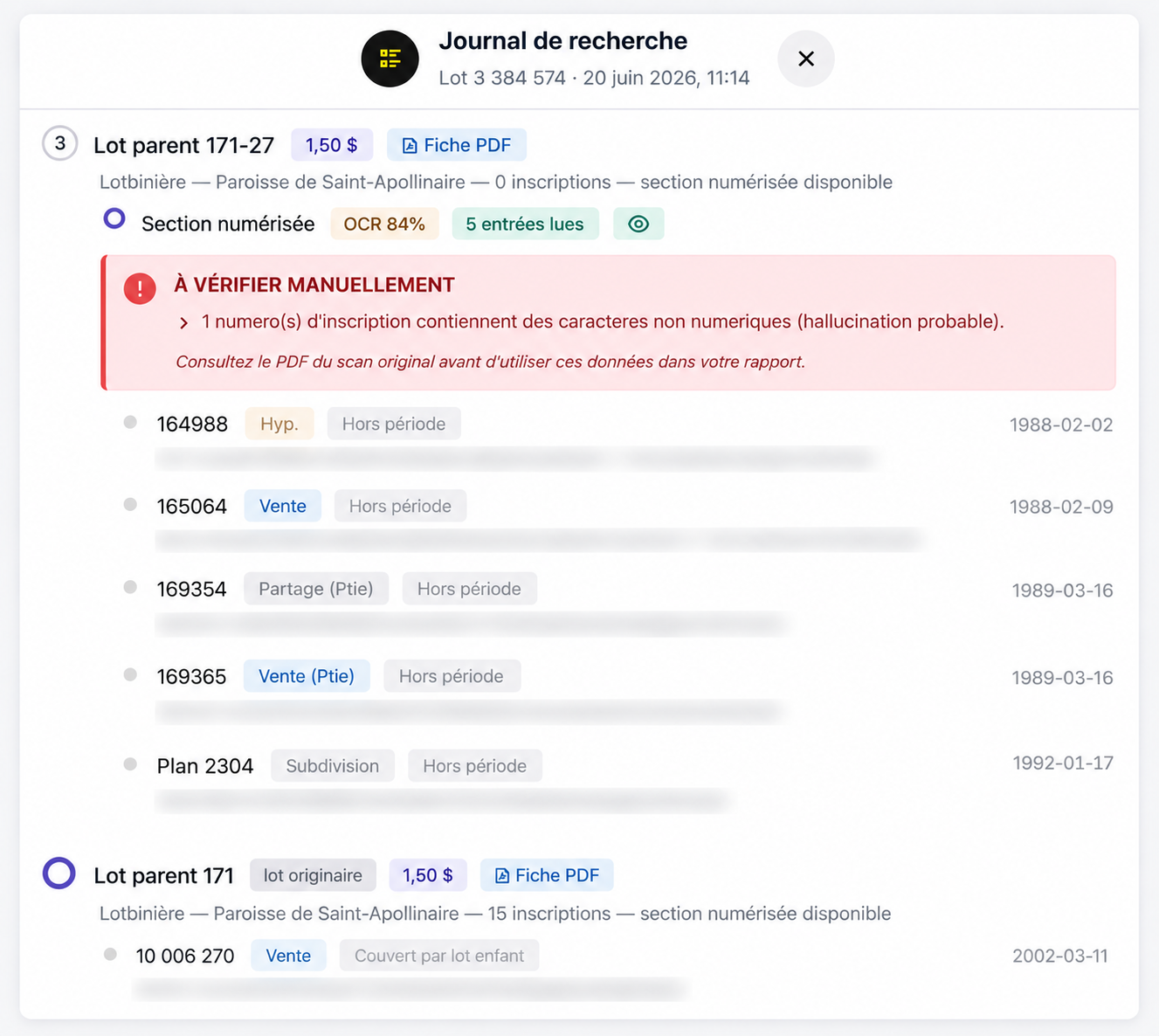 Alerte « à vérifier manuellement » : un numéro d'inscription contient des caractères non numériques (hallucination probable), avec invitation à consulter le PDF du scan original.