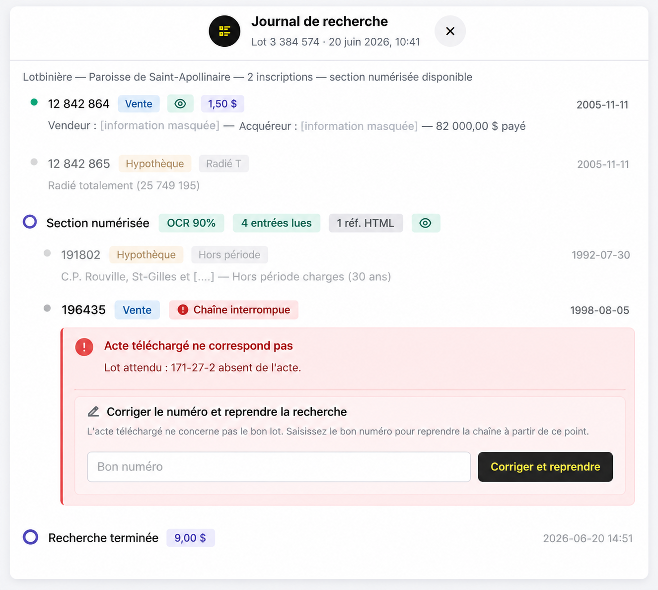 Alerte « chaîne interrompue » : l'acte téléchargé ne correspond pas au lot attendu 171-27-2 ; un champ permet de corriger le numéro et de reprendre la recherche.