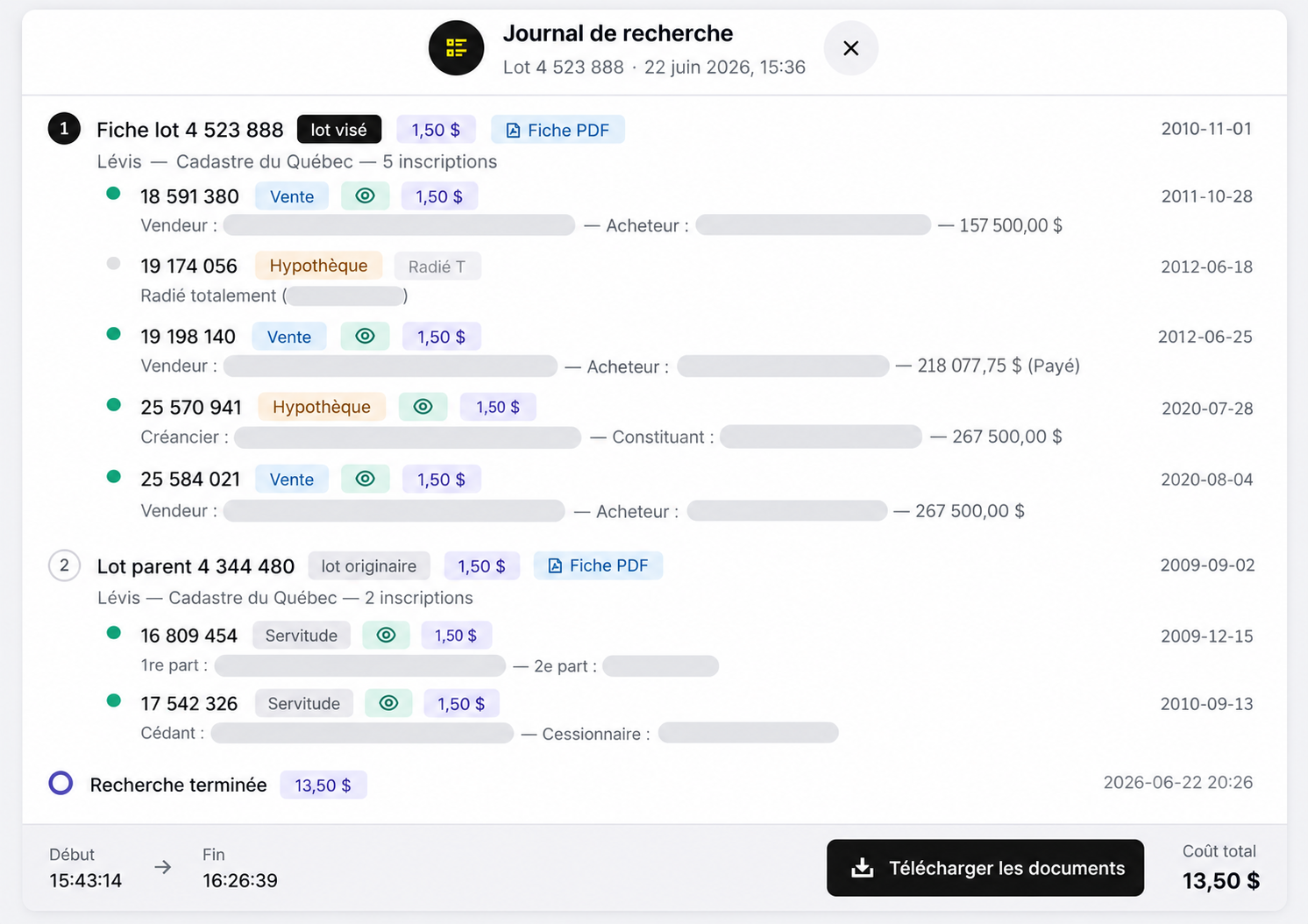Suite du même journal : remontée jusqu'au lot originaire 4 344 480 et ses servitudes, puis « Recherche terminée » avec le coût total.